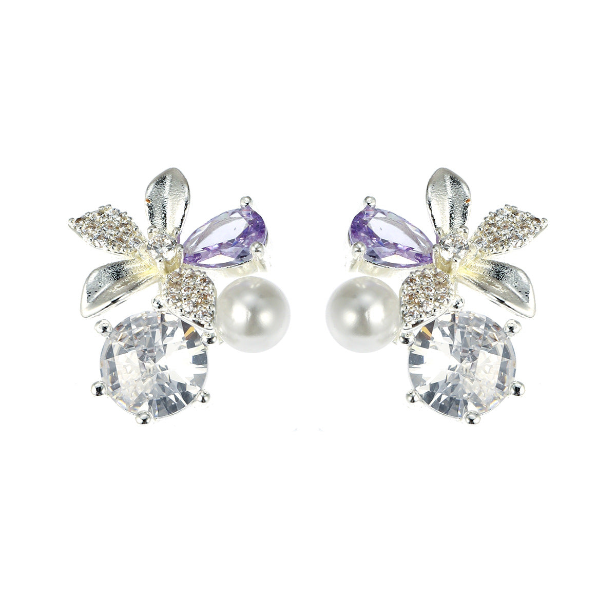 Style Fresh Zircon Flower Pearl Personality Fashion Stud Earrings