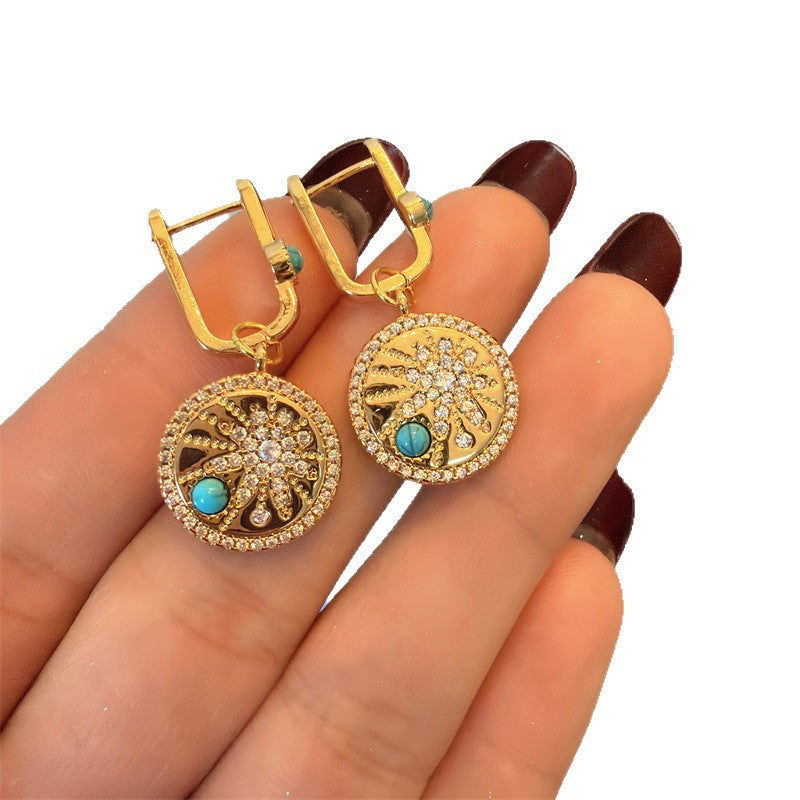 Style Micro Inlaid Turquoise Light Luxury Ancient Temperament Ear Clip Earrings