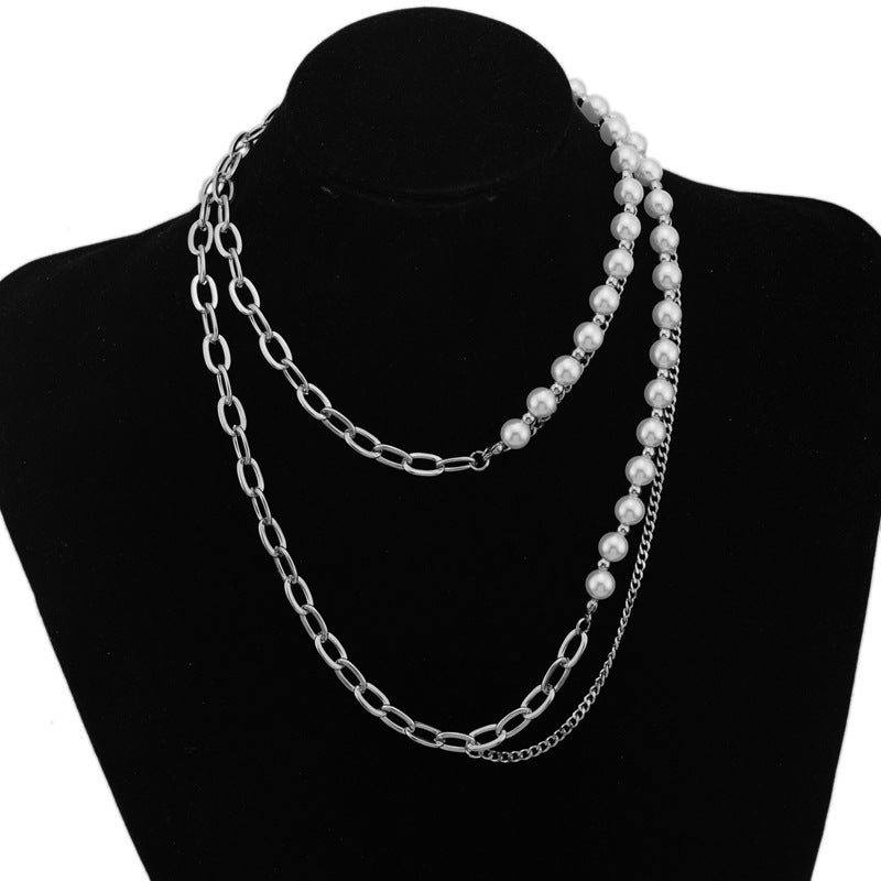 Women's & Men's Niche Design Pearl Stitching Chain For Trendy Titanium Steel Necklaces