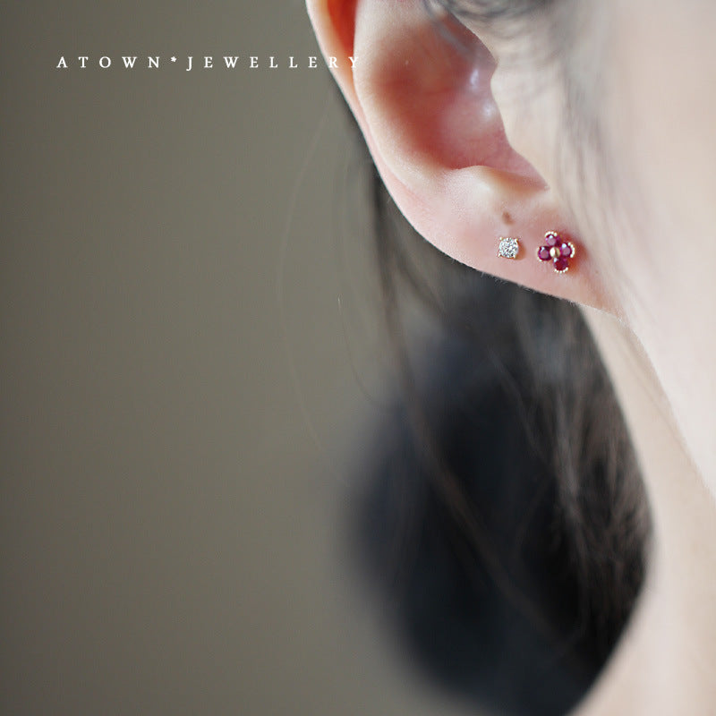 Women's Sier Gold-plated Clover Ruby Temperament Wild Earrings