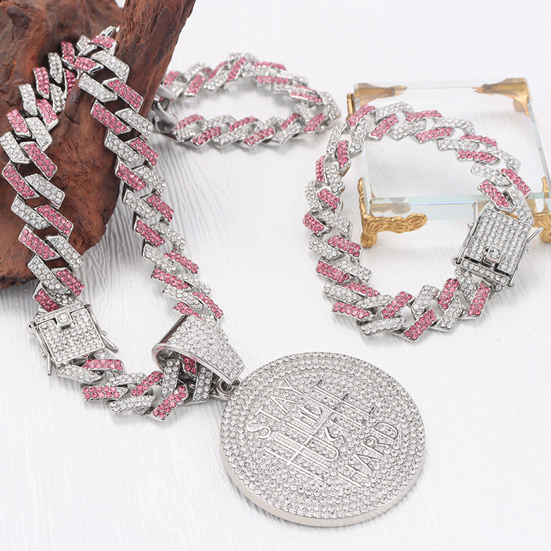 Men's Keep Strong Letter Round Plate Full Diamond Necklaces