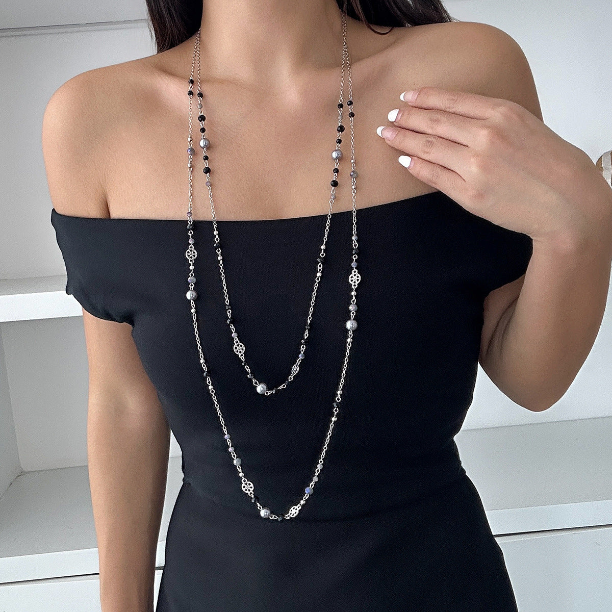 Ornament Style Stringed Pearls Long Design Necklaces