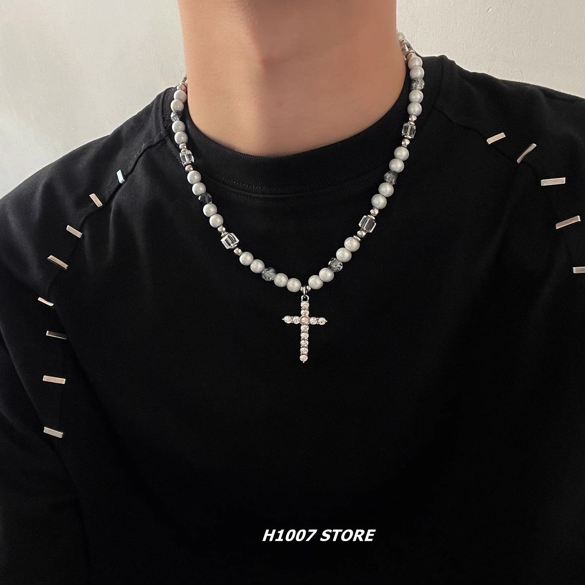 Women's & Men's Pearl Stitching Cross Design Clavicle Chain Titanium Steel Hip Necklaces