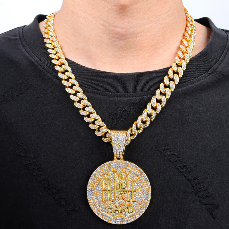 Men's Keep Strong Letter Round Plate Full Diamond Necklaces