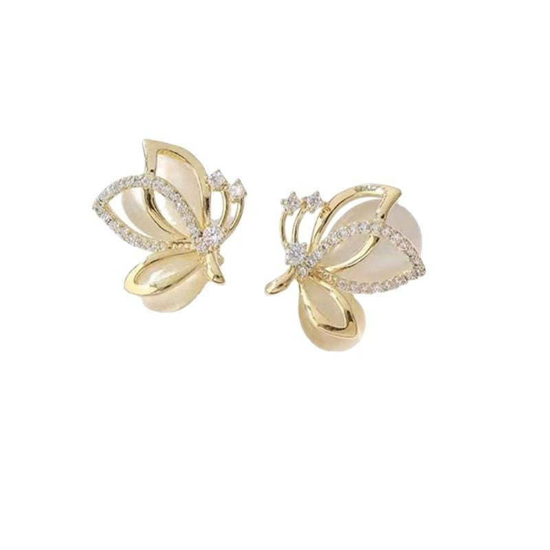 Women's Sier Needle Butterfly Opal Stone Ear Stud Earrings
