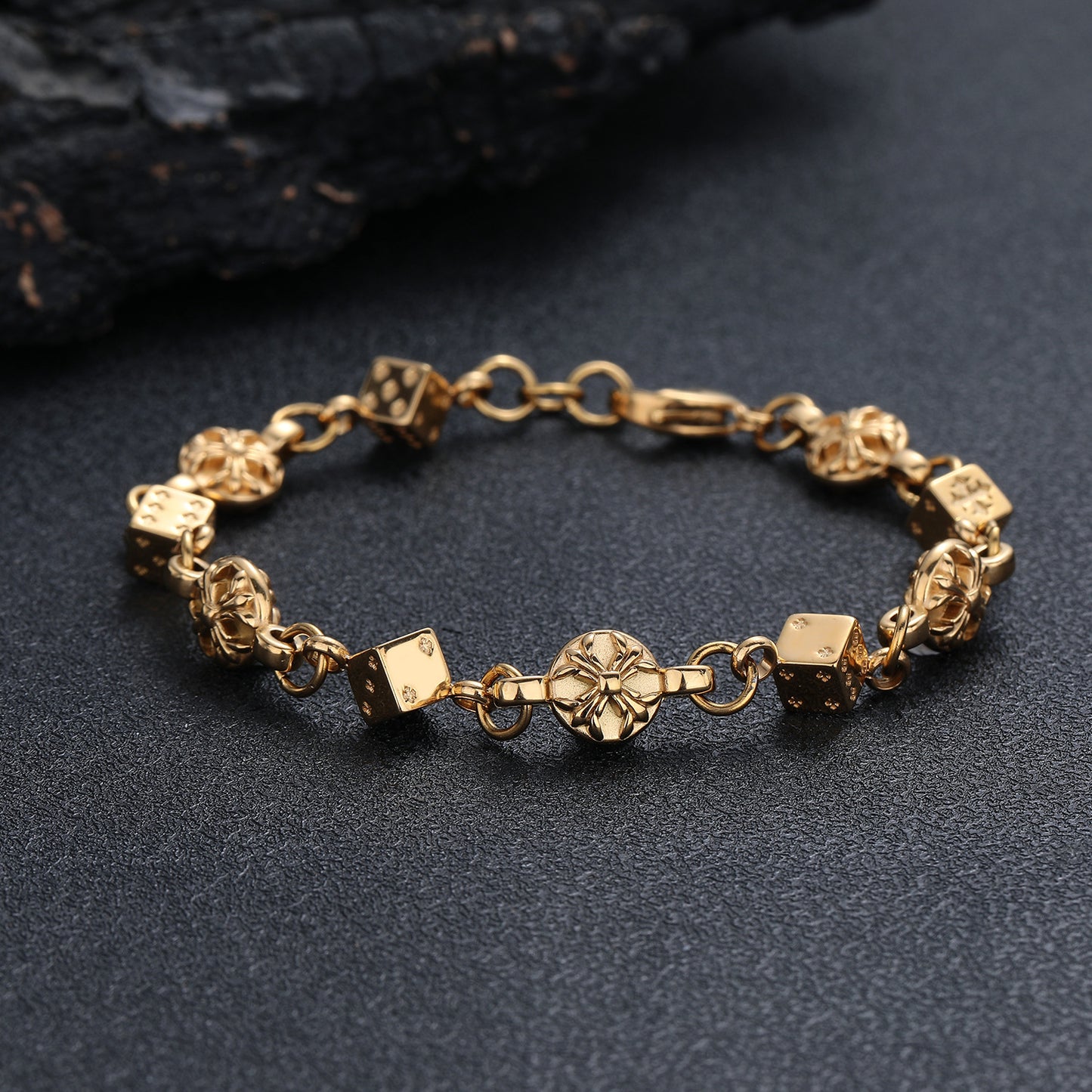 Women's & Men's Retro Titanium Steel Dice Cruciate Flower Simple Hip Hop Gold Bracelet