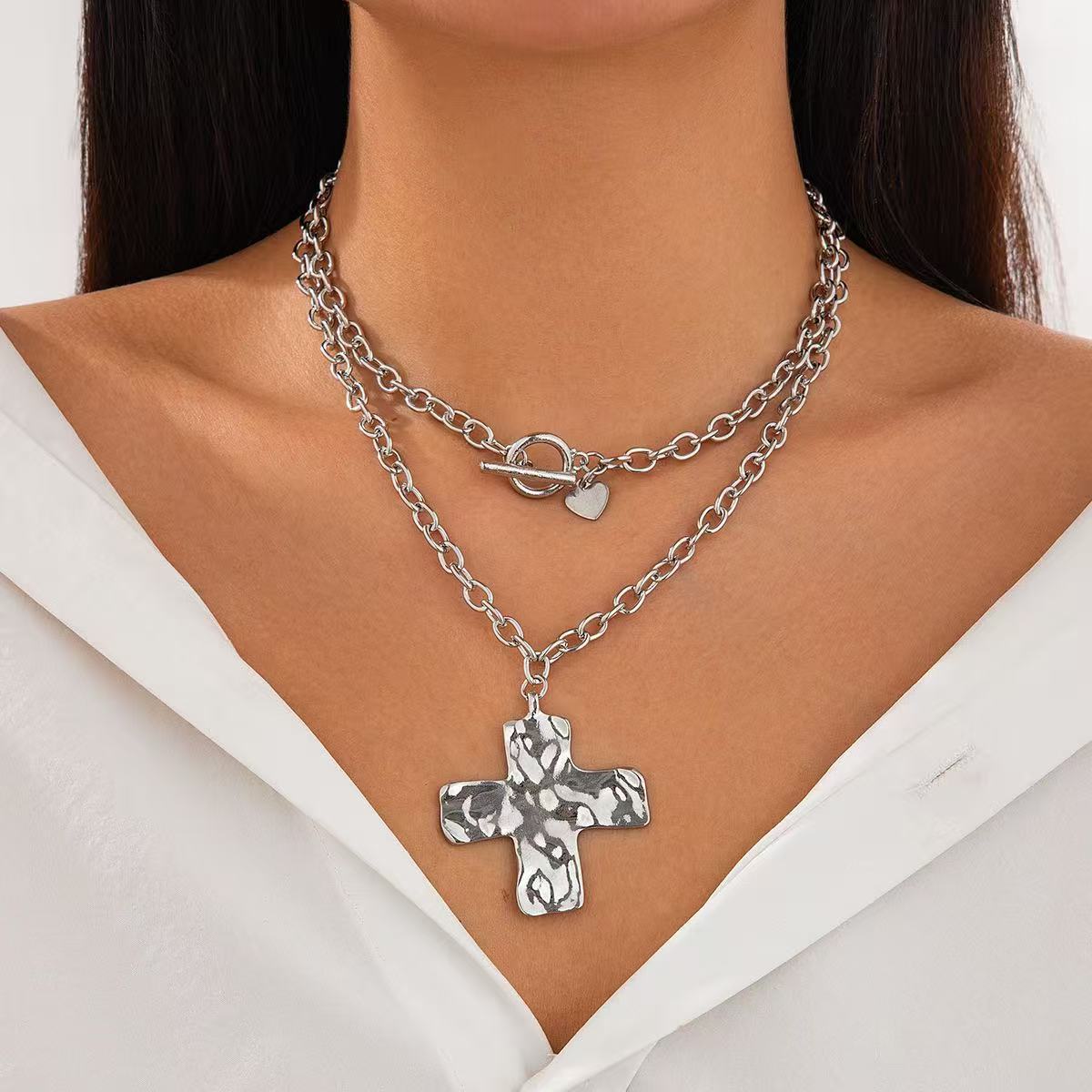 Simple Punk Metal Cross Female Button Chain Necklaces