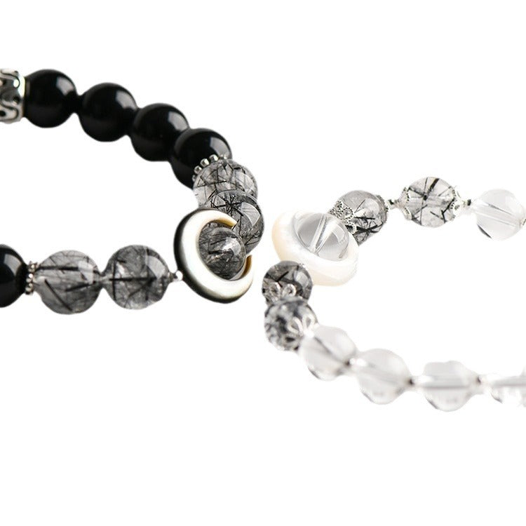 Women's & Men's Pair Black Hair Crystal Obsidian White Object Bracelets