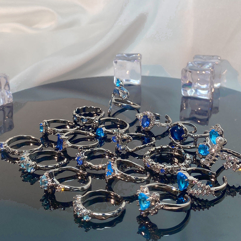 Mint Blue Color Love Heart-shaped Light Luxury Rings