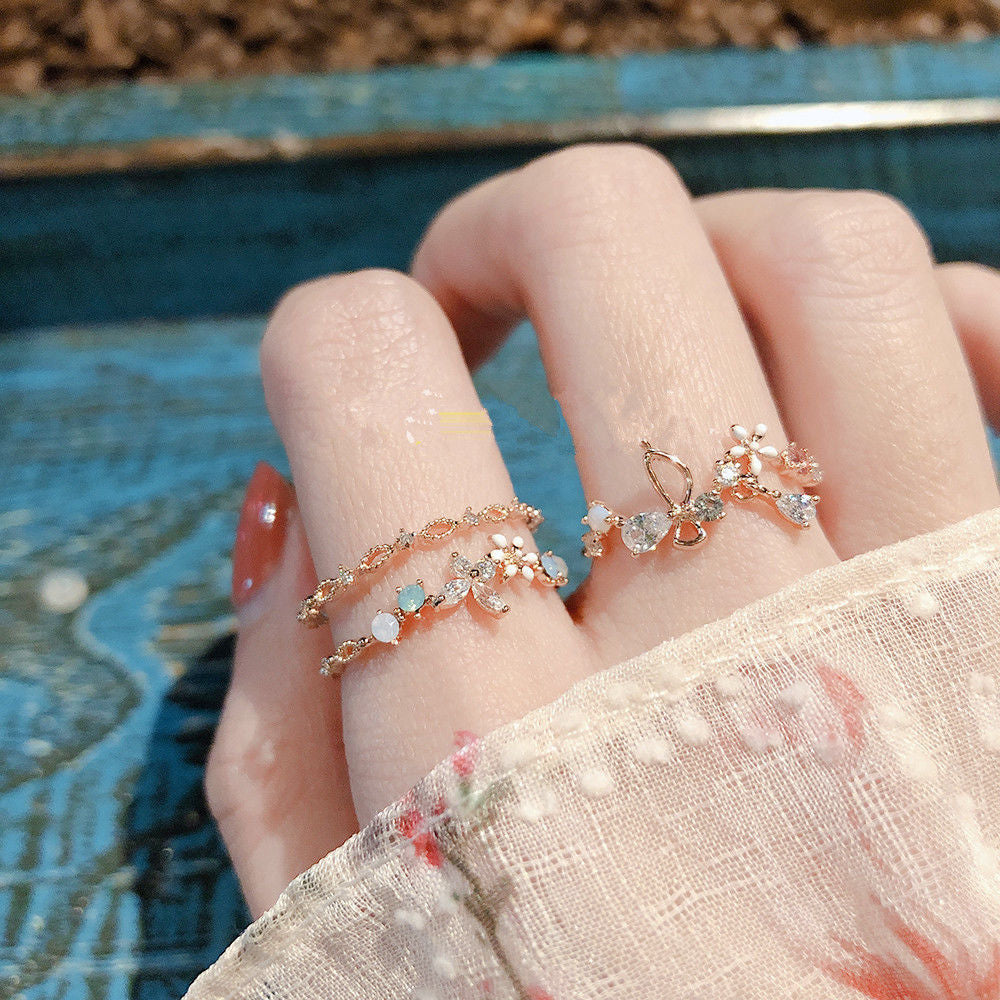Female Korean Style Fresh Micro Inlaid Little Double Rings