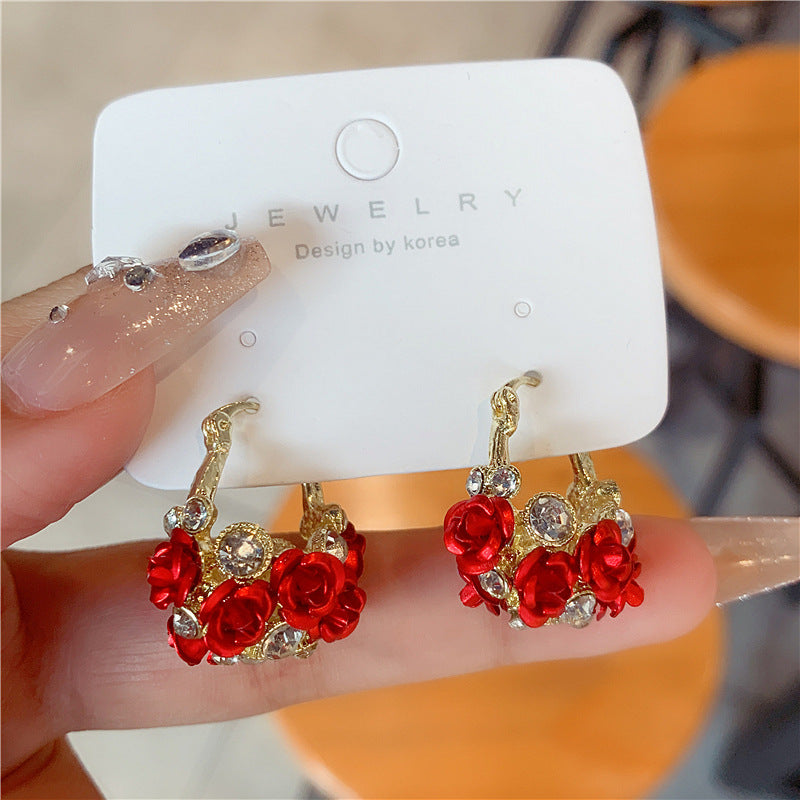 Women's Design Rose Flower Basket Ear Clip Stylish Simple Versatile Refined Stud Earrings