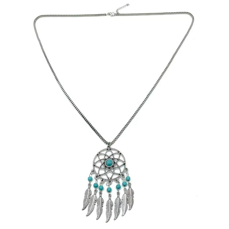 Fashion Turquoise Round Beads Alloy Feather Necklaces