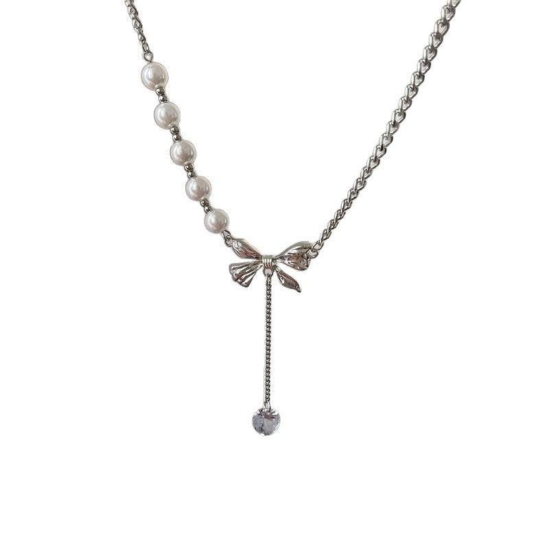 Women's Style Vintage Bow Pearl Light Luxury Minority Design Crystal High Necklace