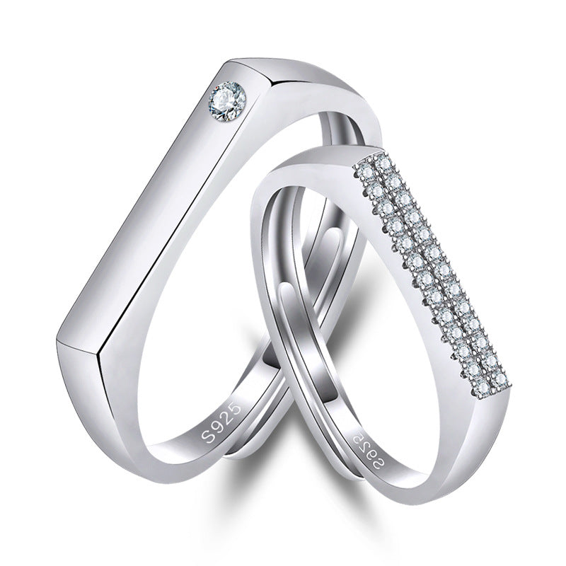 Women's & Men's Couple Sier Minority Simple Design Zircon Word Opening Rings