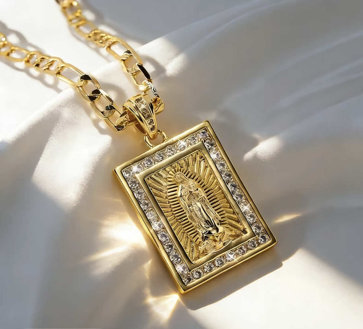 Mary Oval Gold Cubic Zirconia Religious Necklace
