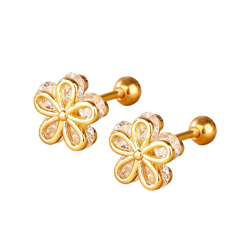 Shiny Diamond Flowers Screw Ear Bone Daily Sweet Cool Hot Stud Earrings