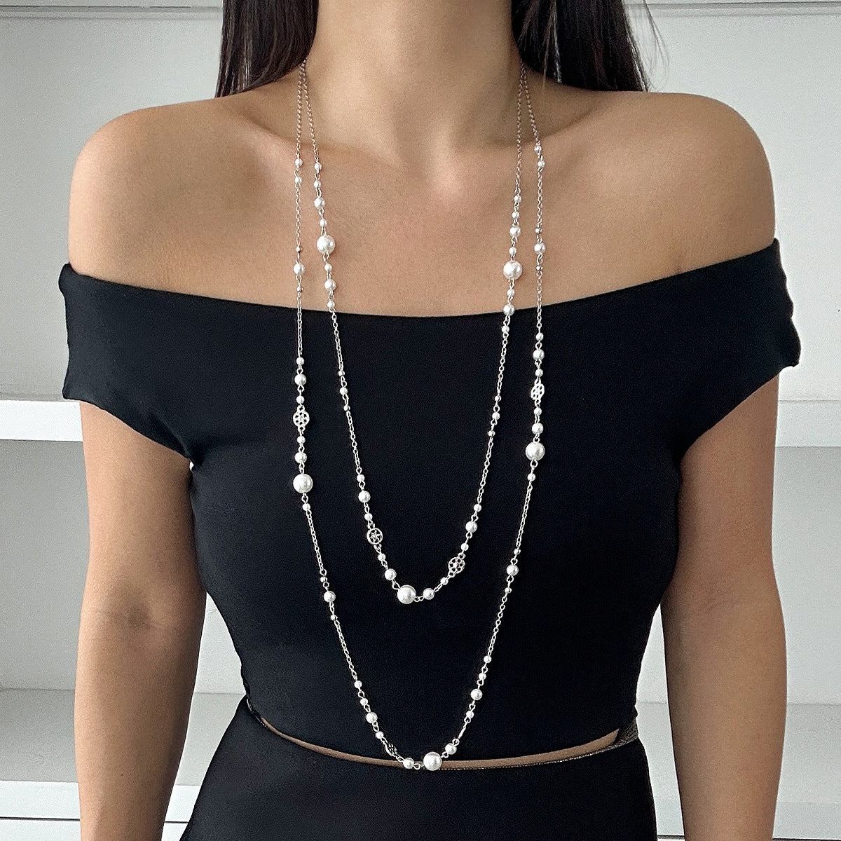 Ornament Style Stringed Pearls Long Design Necklaces