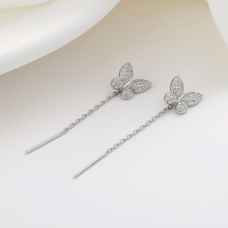 Women's Sier Full Diamond Butterfly Long Fringed Thread Light Ear Line