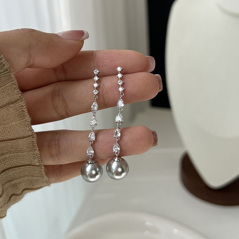 Sterling Sier Zircon Long Pearl Light Luxury Minority Earrings