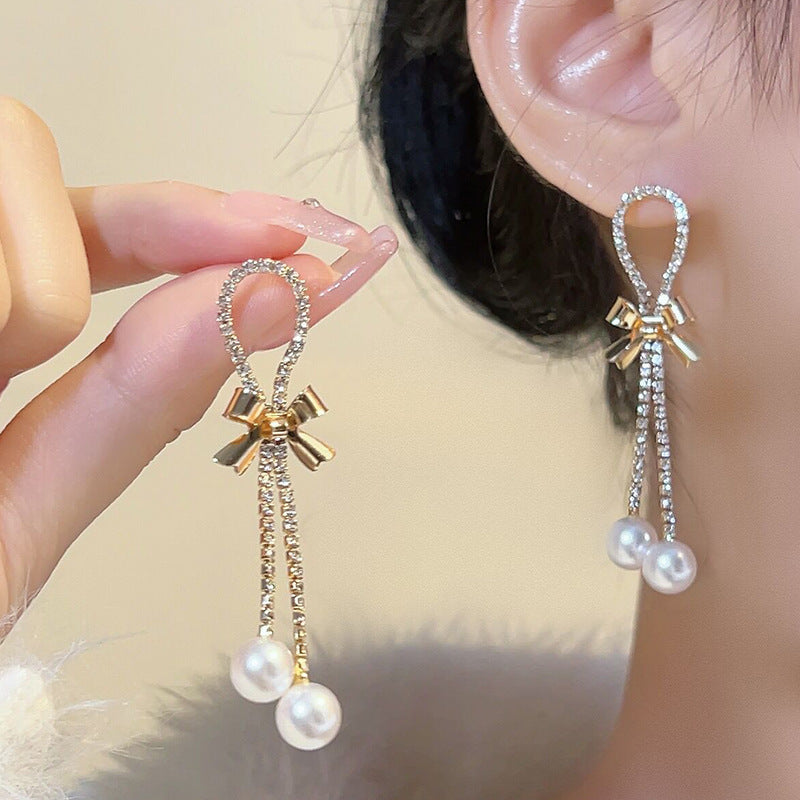 Light Luxury Minority Bow Pearl Graceful Long Earrings