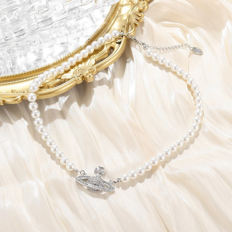 Gray Pearl Jeweled Design Sweater Chain Pendants