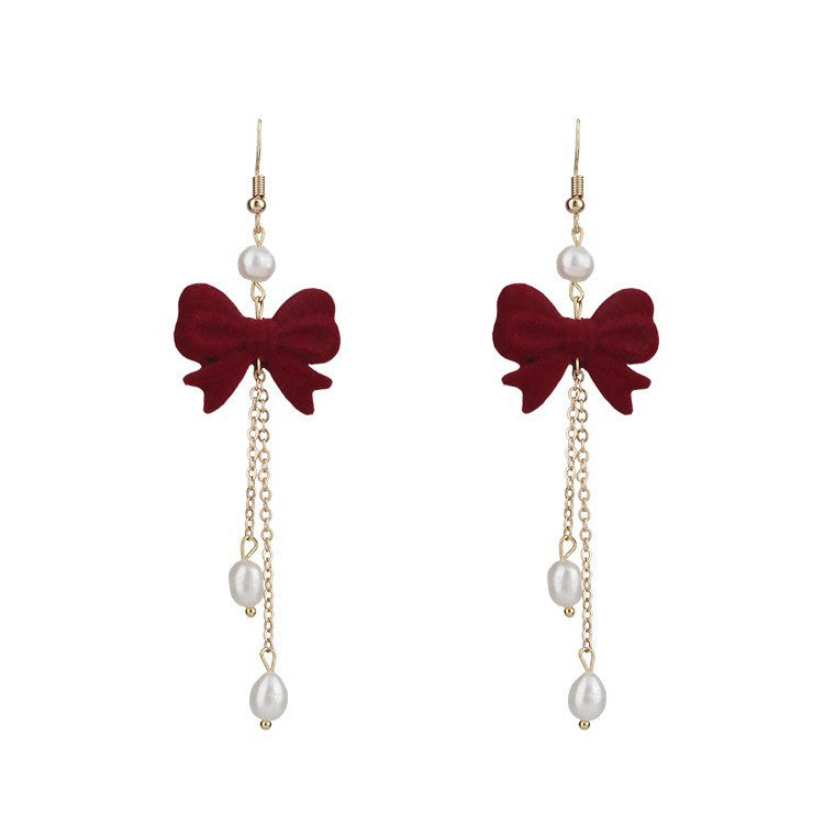 Red Elegance Retro Cheongsam Antique Eardrops Tassel Long Bow Earrings