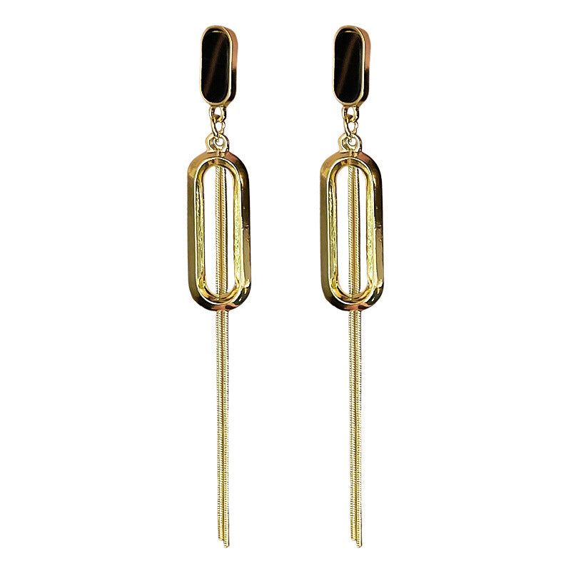 Niche Long Oval Tassel Sier Needle Pierced Geometric Metal Rings