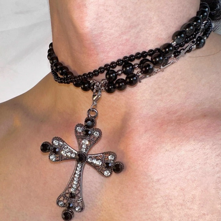 Glamorous Black Stone Stacked Retro Cross Necklaces