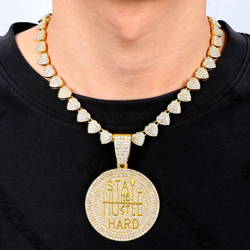Men's Keep Strong Letter Round Plate Full Diamond Necklaces