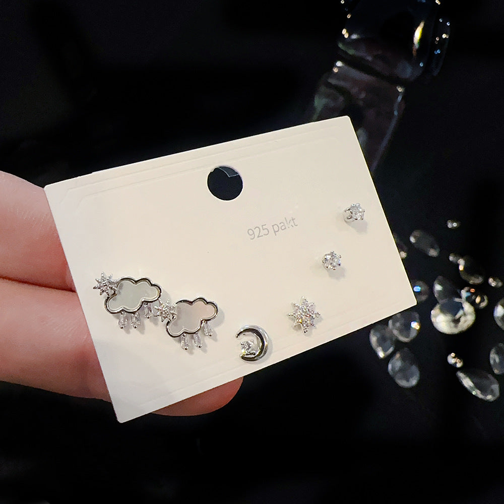 One Card Three Pairs Sier Needle Earrings