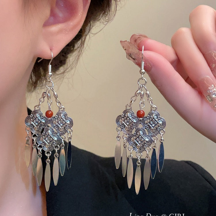 High-grade Tibetan Sier Summer Long Tassel Earrings