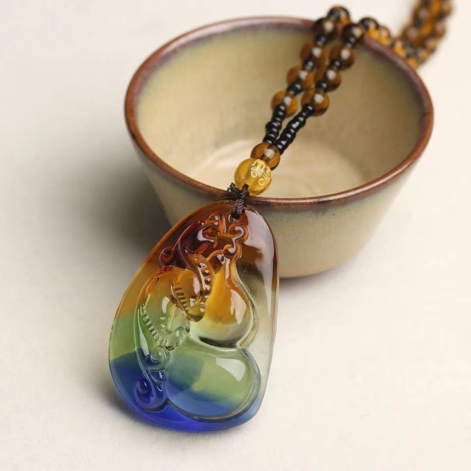 Colored Glaze Crystal Leaves Guan Gong Buddha Ornamental Stone Necklaces
