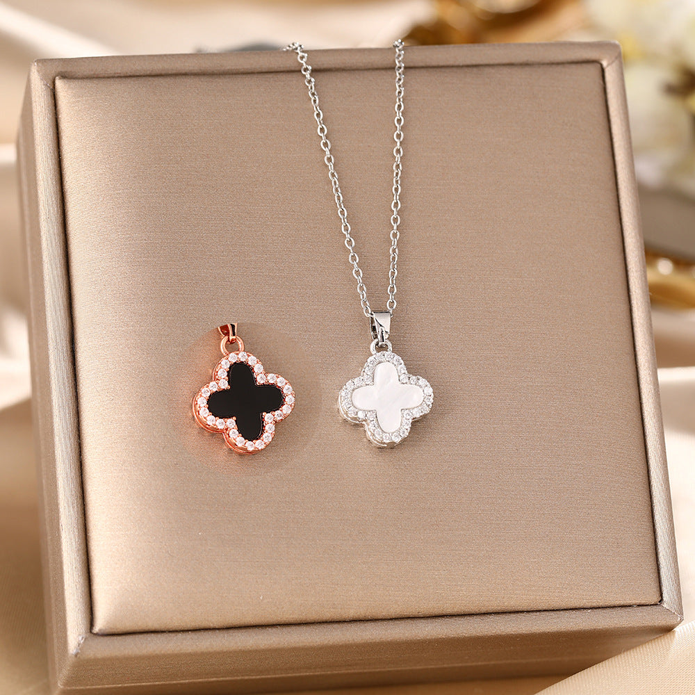 Women's Clover Black White Light Luxury Sweater Chain Double-sided Necklace