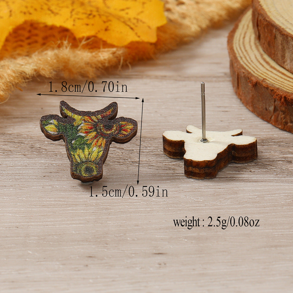 Head Wooden Simple Fashion Personality Cows Pattern Hat Leopard Earrings