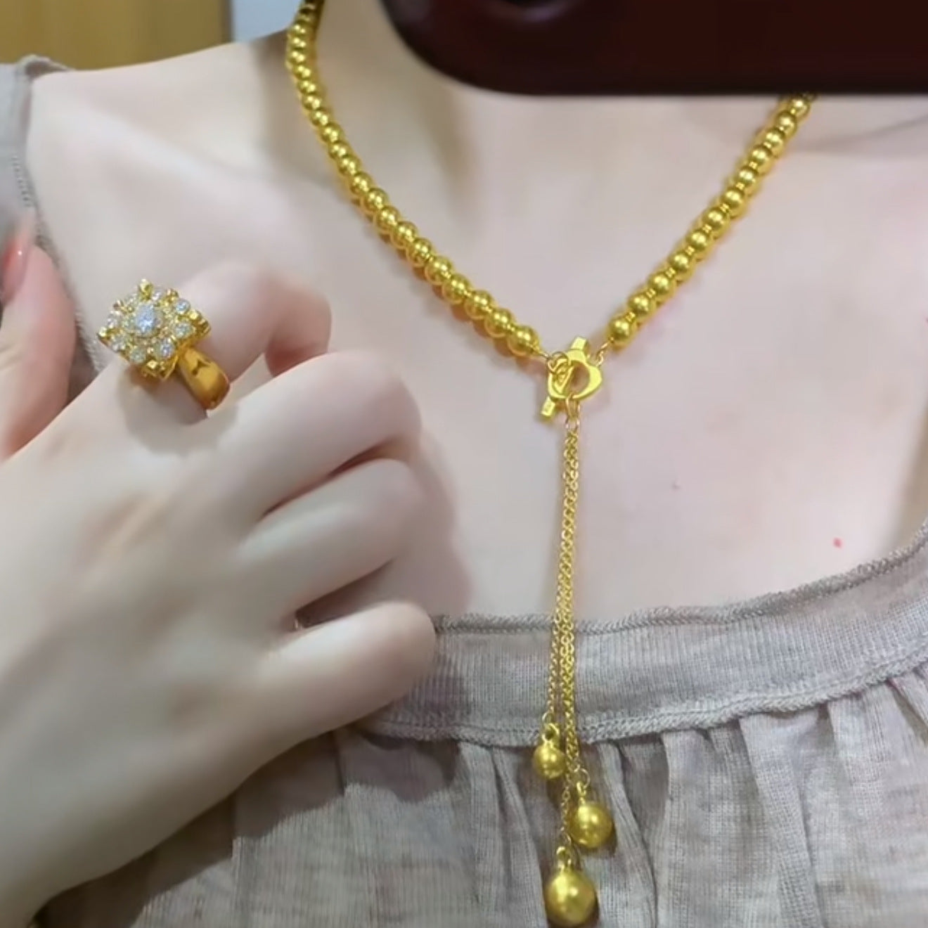 Ancient Gold Beads Chain Drop-off Heart Buckle Tassel Imitation Three Necklaces