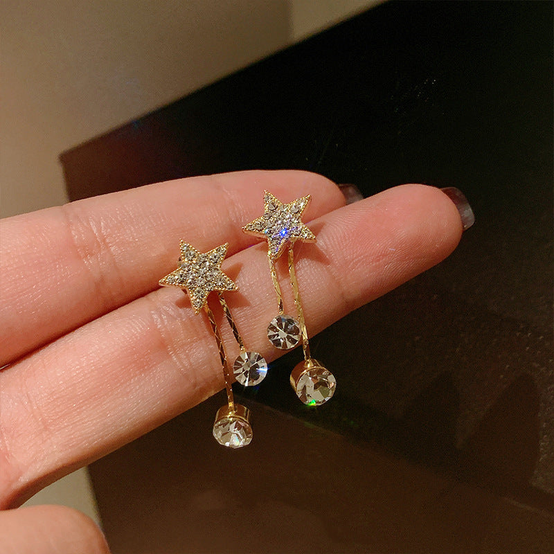Women's Sier Pentagram Shiny Diamond Tassel Bow Earrings