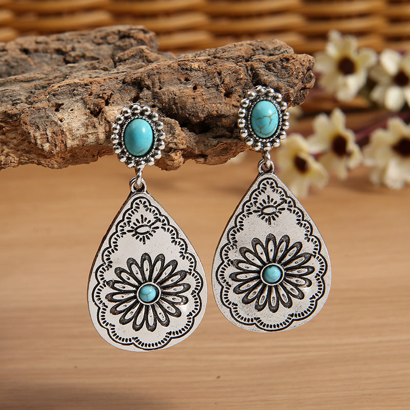 Vintage Turquoise Carved Water Drop Sunflower Earrings