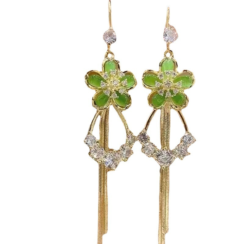 Fairy Green Opal Flower Tassel High-grade Earrings
