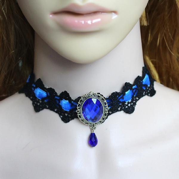 Lace Gothic Choker Rhinestone Black Halloween Necklace