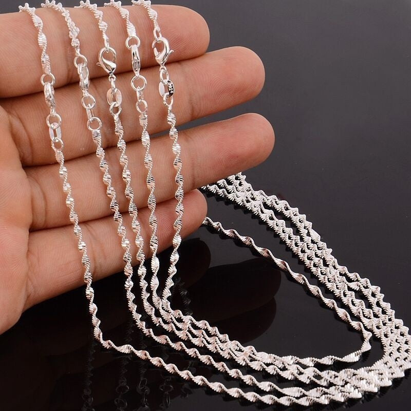 Women's Sier Plated Encrypted Water Wave Chain Necklaces