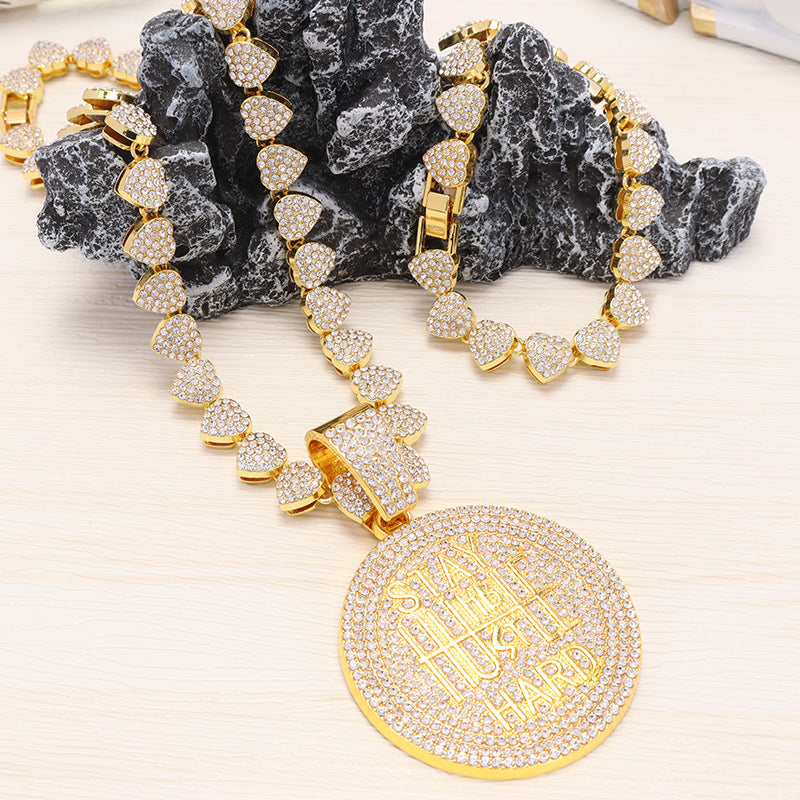 Men's Keep Strong Letter Round Plate Full Diamond Necklaces