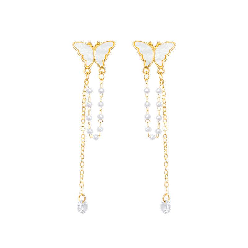Fairy Fritillary Butterfly Pearl Tassel Design Personality Sier Long Earrings
