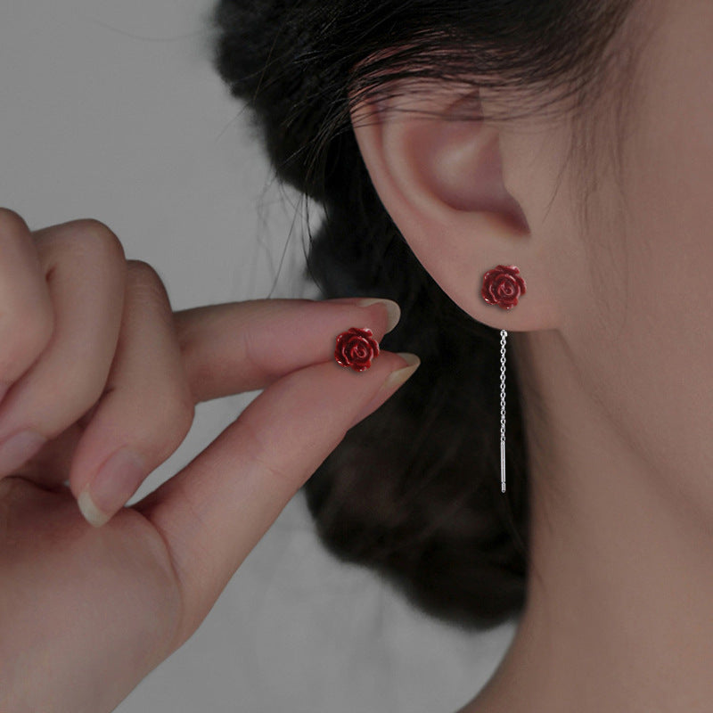 Cinnabar Red Rose Elegant National Style Bridal Little Earrings