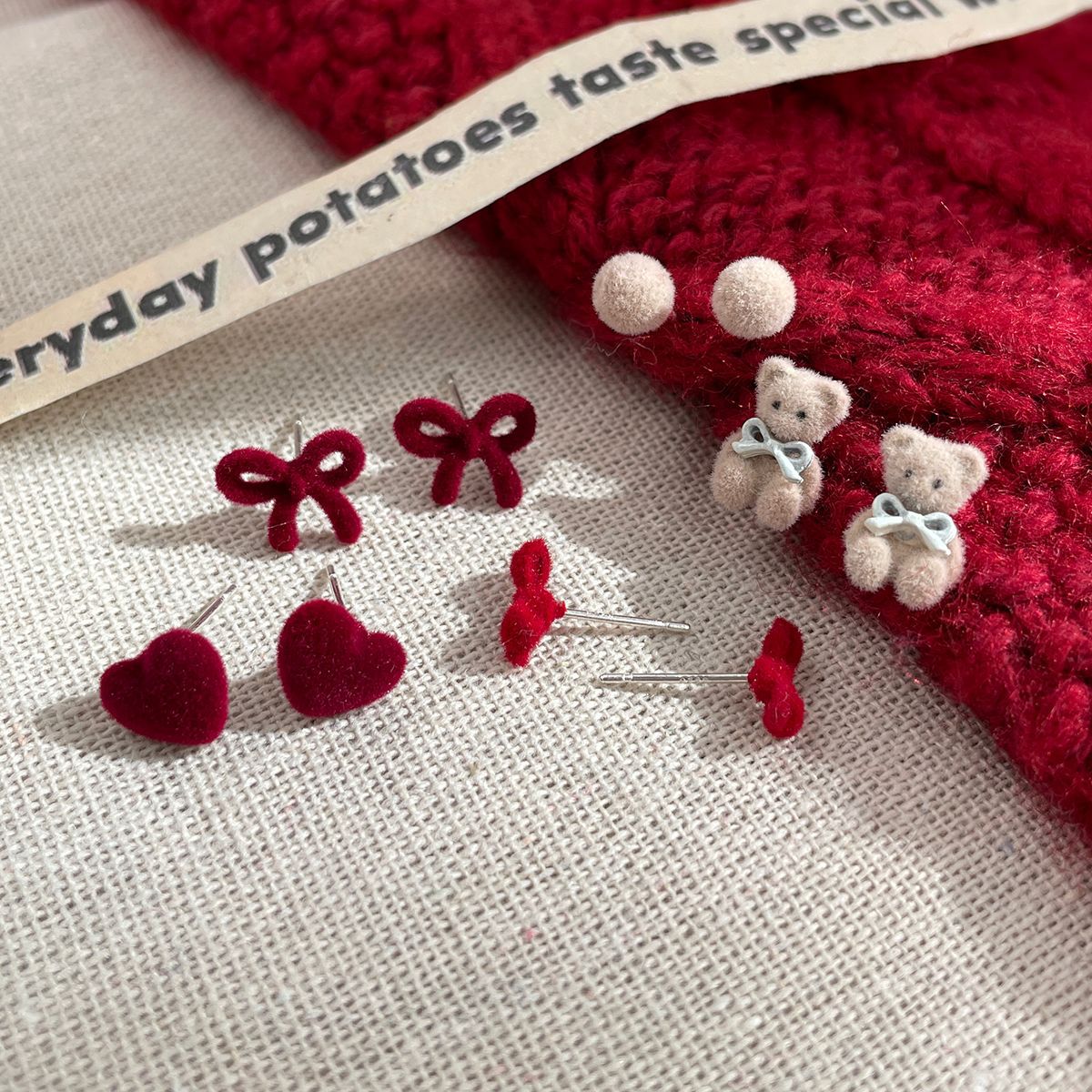 Red Flocking Cute Bear Ear Suit Earrings