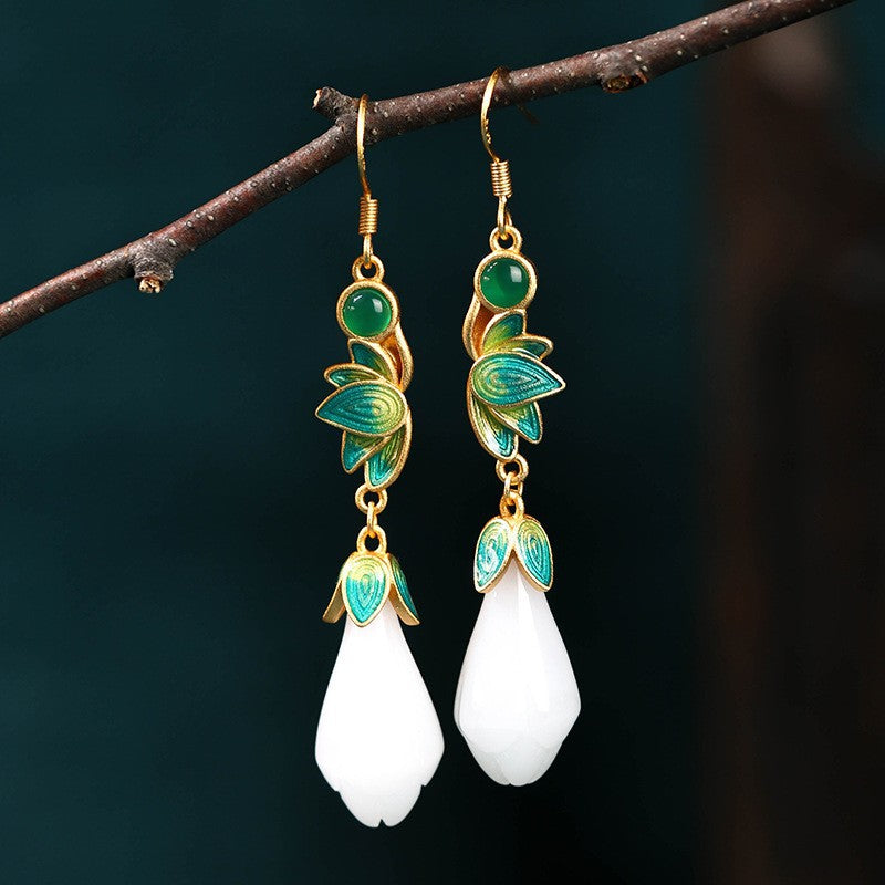 Fashion Vintage Jewelry Enamel Niche Sier Ear Magnolia Earrings