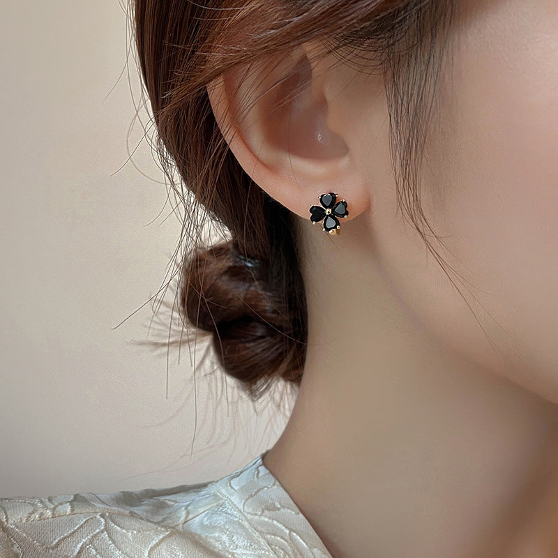 Women's Korean Style Niche Temperament Black Zircon Four-leaf Earrings