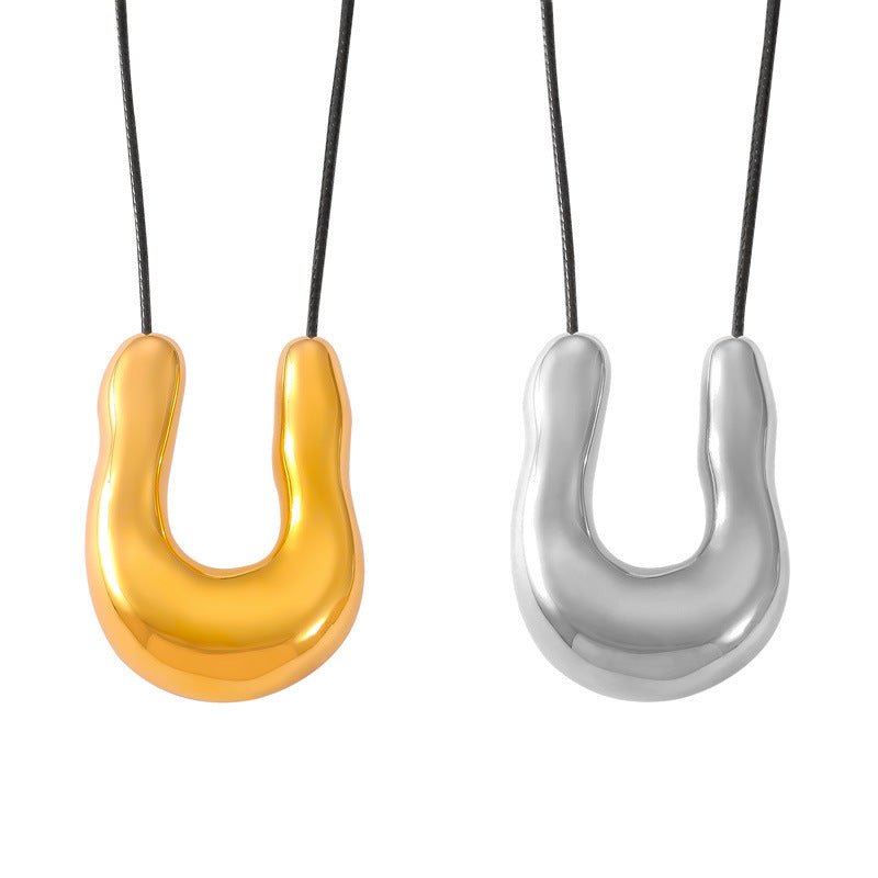 Woven Leather String Ornament Irregular U-shaped Horseshoe Shape Titanium Necklaces