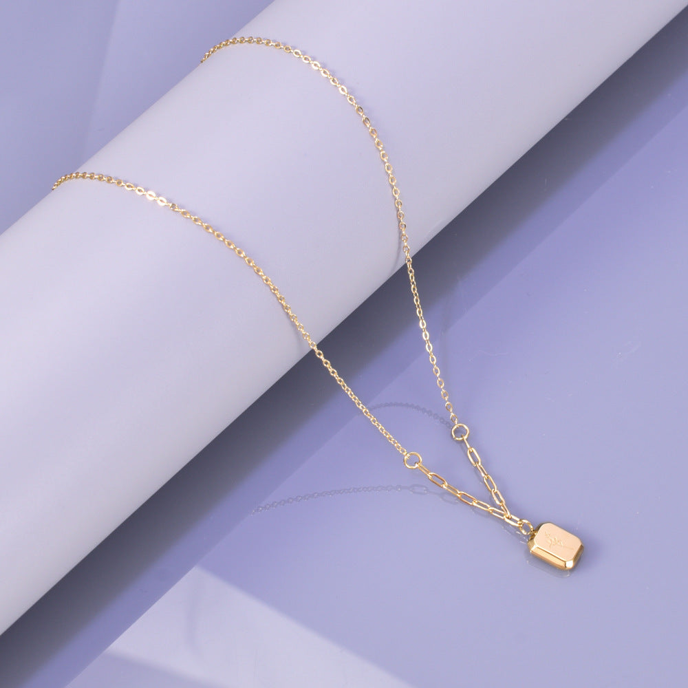 Beautiful Lavender Square Double-sided English Letter Stainless Steel Female Compact Necklace