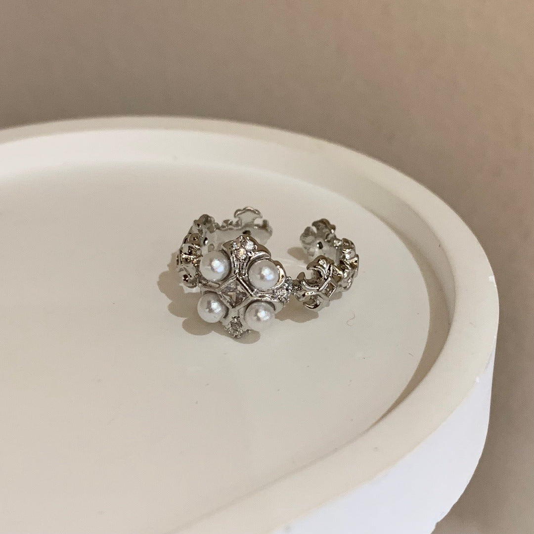 Women's Zircon Female Twin Pearl Opening Adjustable Rings