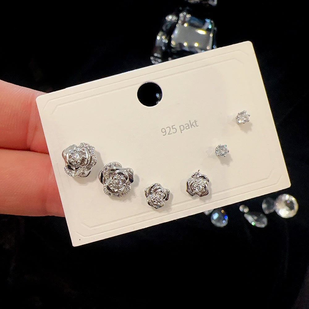 One Card Three Pairs Sier Needle Earrings